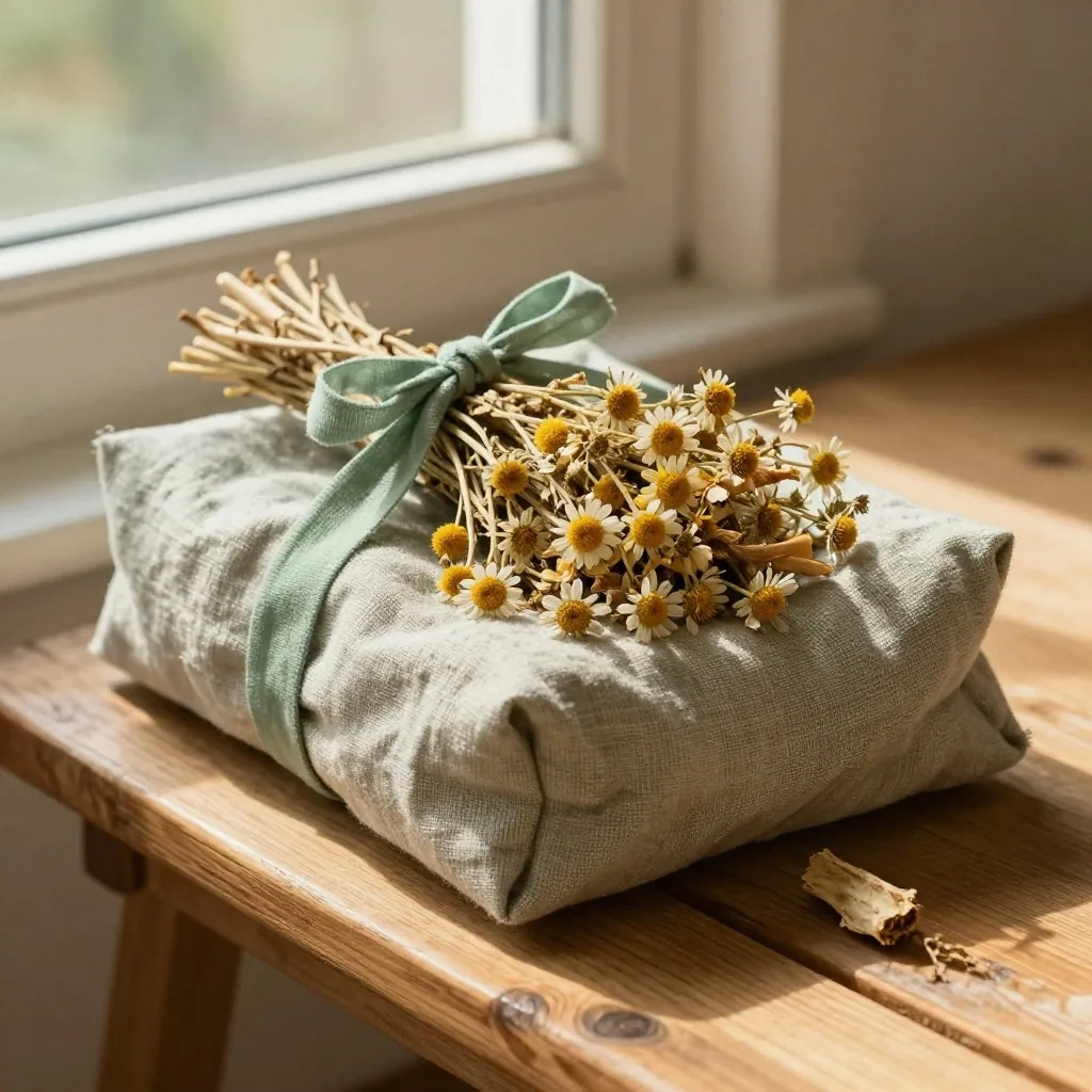 Linen-wrapped bundle of dried botanicals