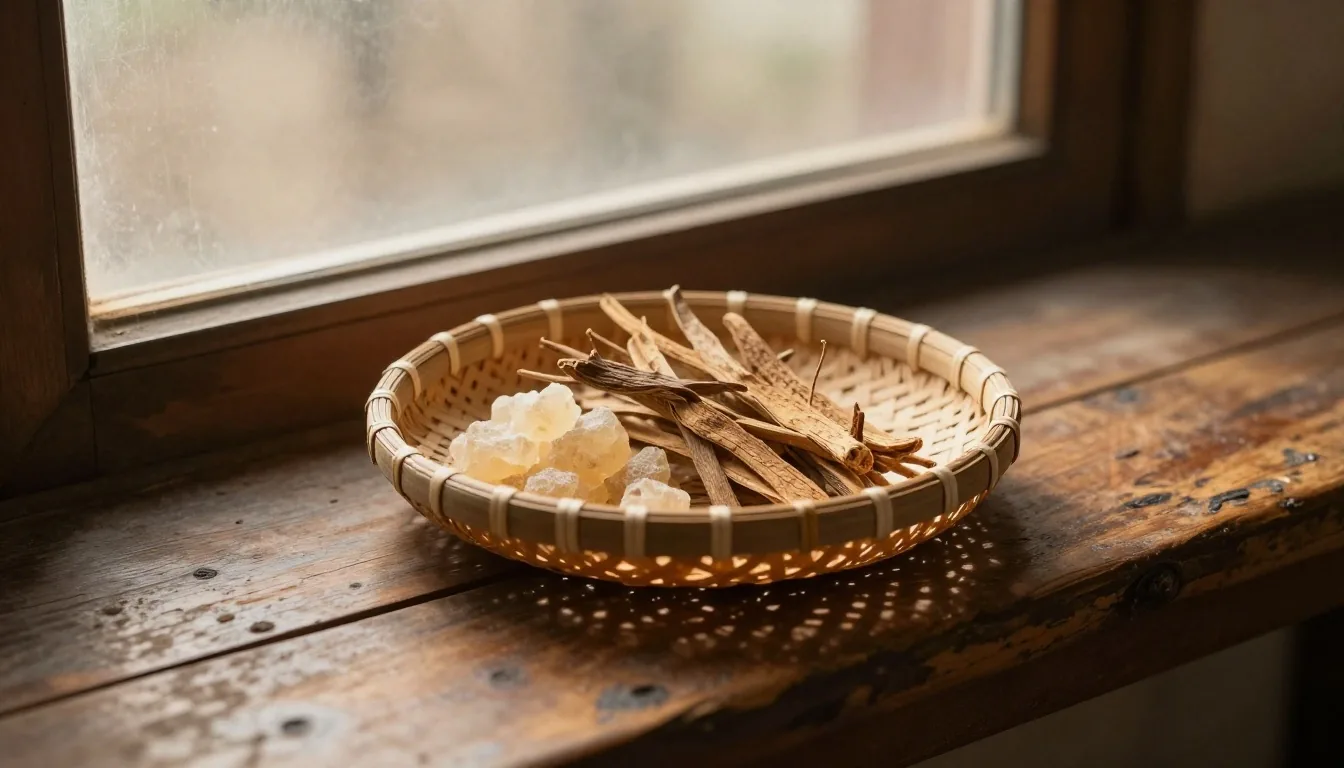 A quiet dawn scene at a wooden table with dried herbs