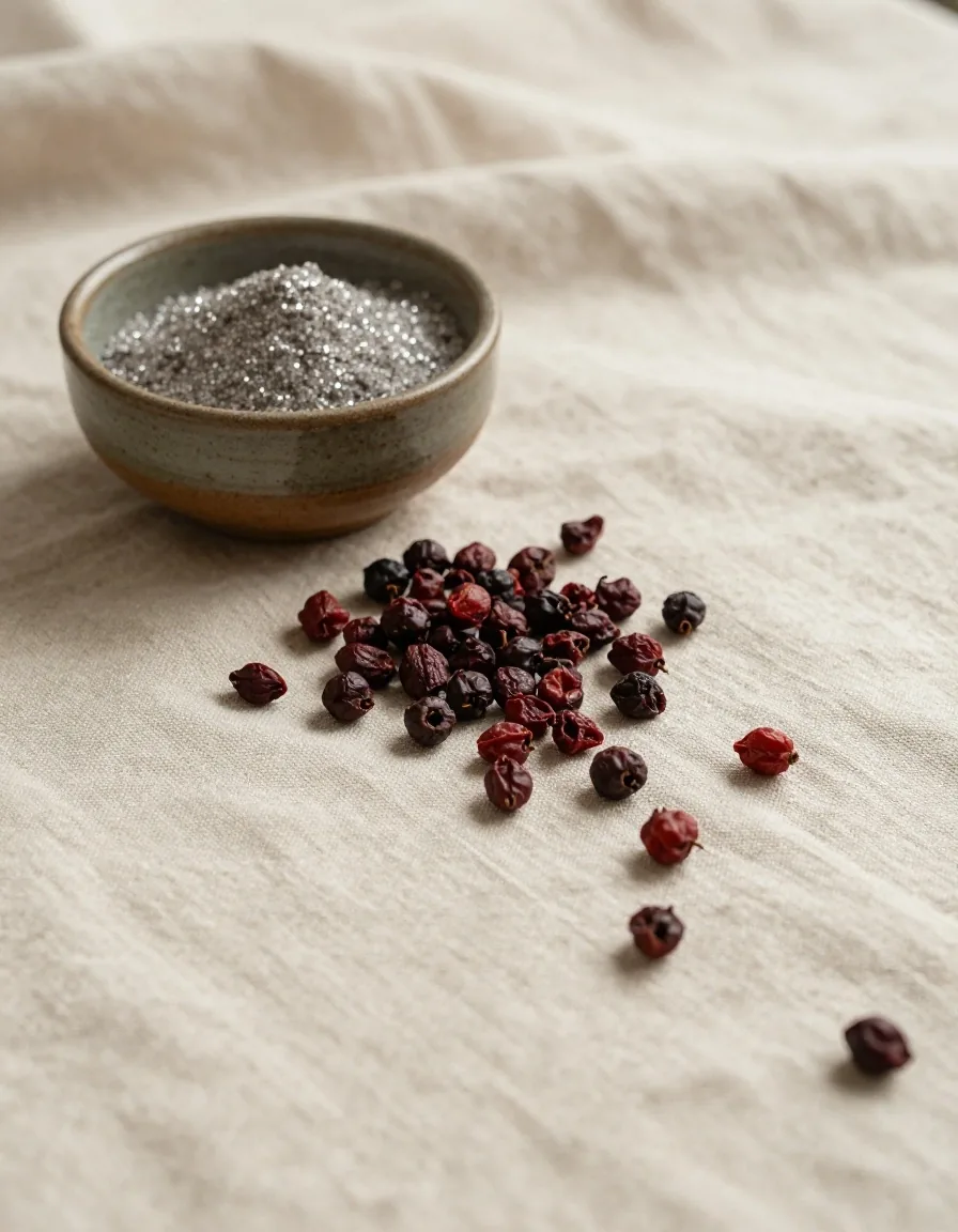 Mineral powder and dried botanical leaves on a linen surface