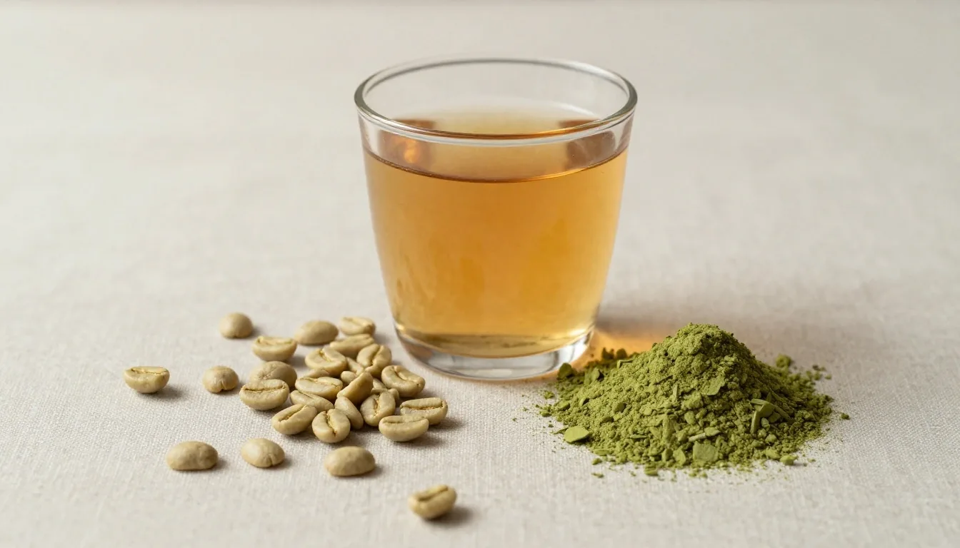 Coffee beans and green tea on linen