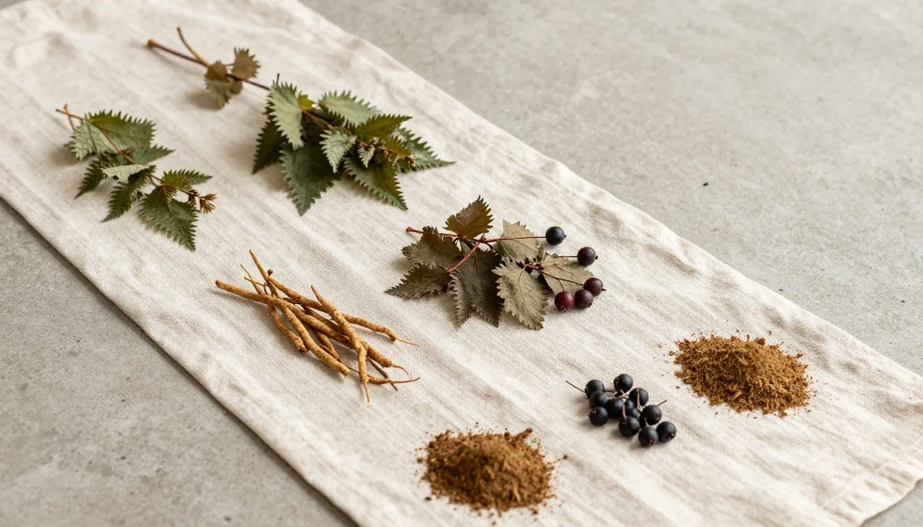 Botanical still life spread on linen