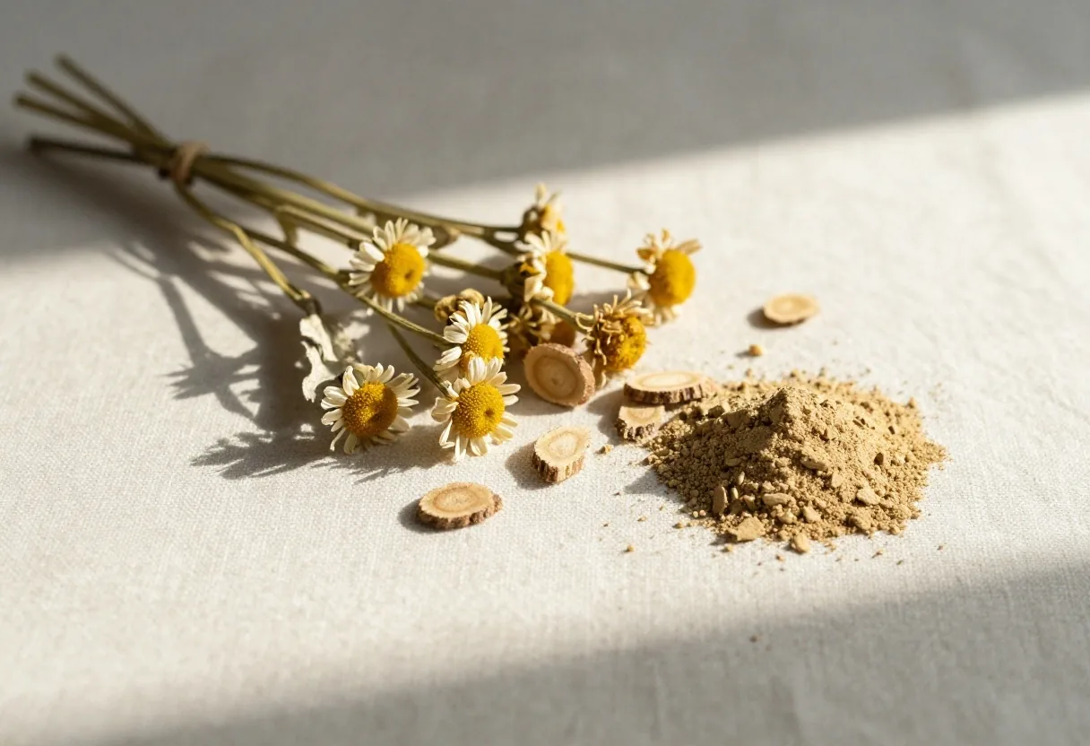 Botanical specimens on linen mat