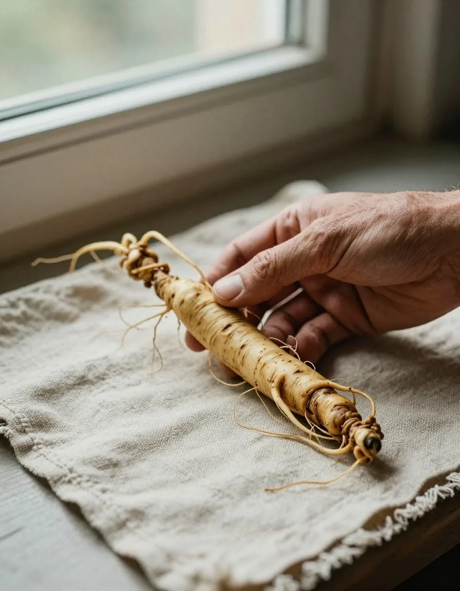 Hand holding ginseng root on linen