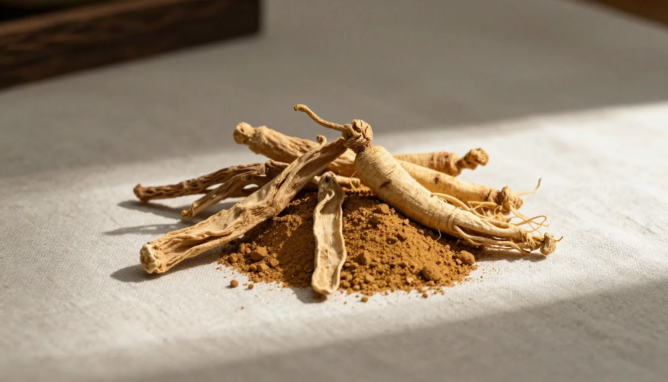 Dried herbs and mineral powders arranged on a linen mat