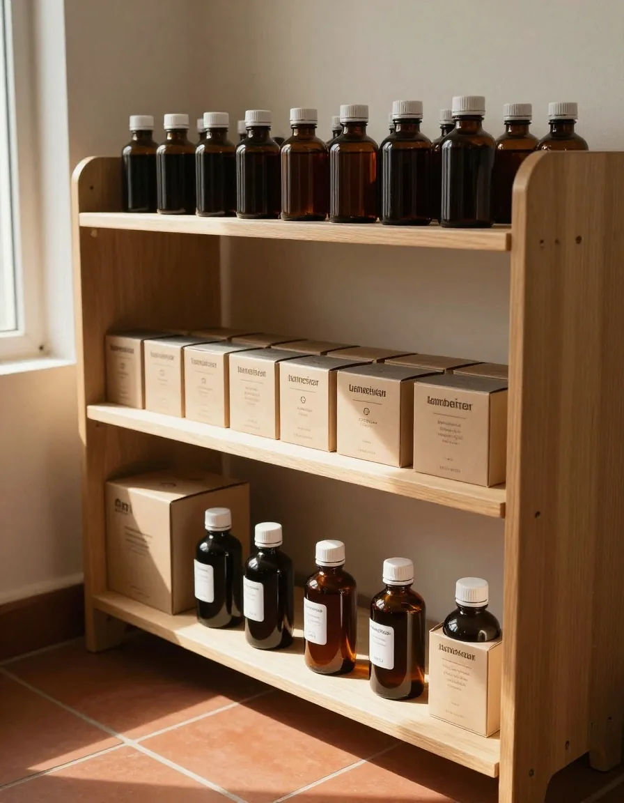 Herbal supplements on a pharmacy shelf in Indonesia
