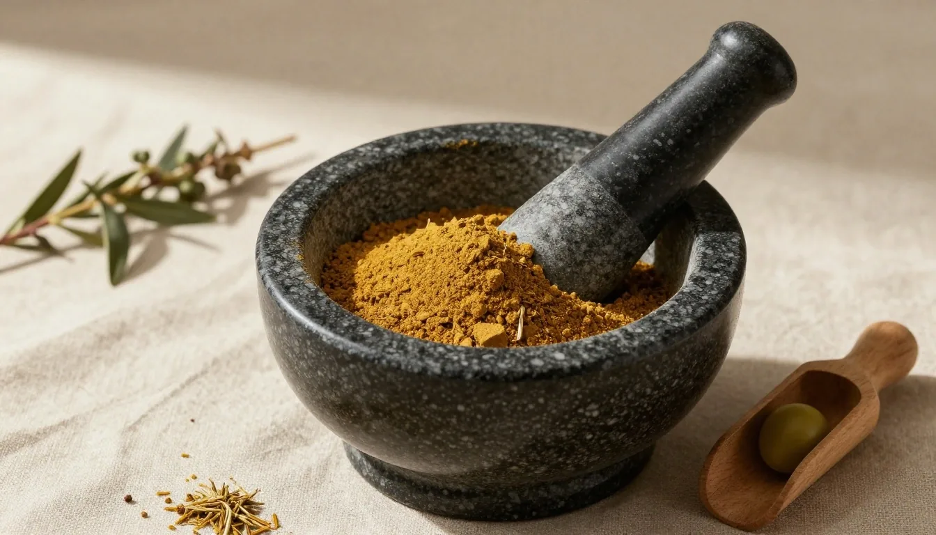 Mortar and pestle with ground herbal powder on linen