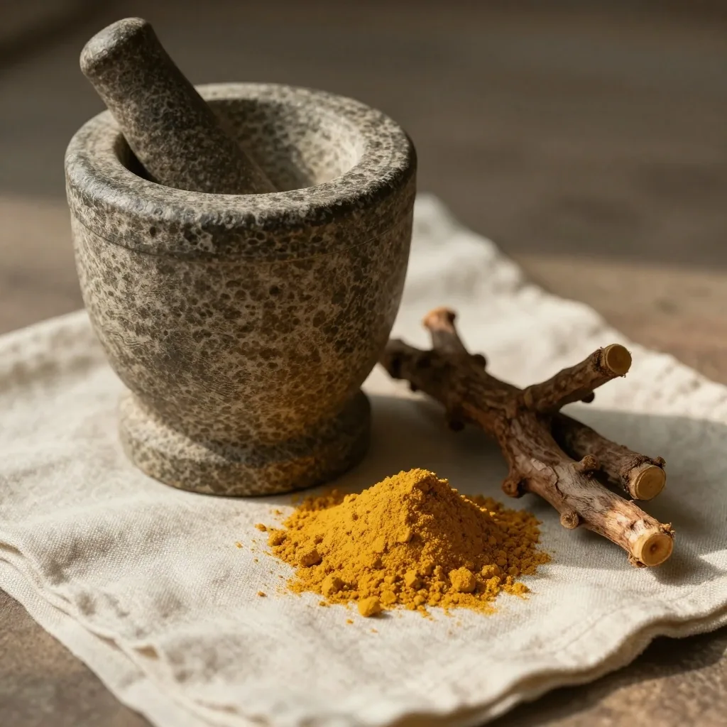 Mortar and pestle with mineral powder on linen